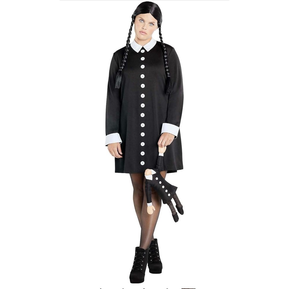 Adult Wednesday Addams Black Dress with Doll Spirit Halloween Costume Size US M - Picture 2 of 8